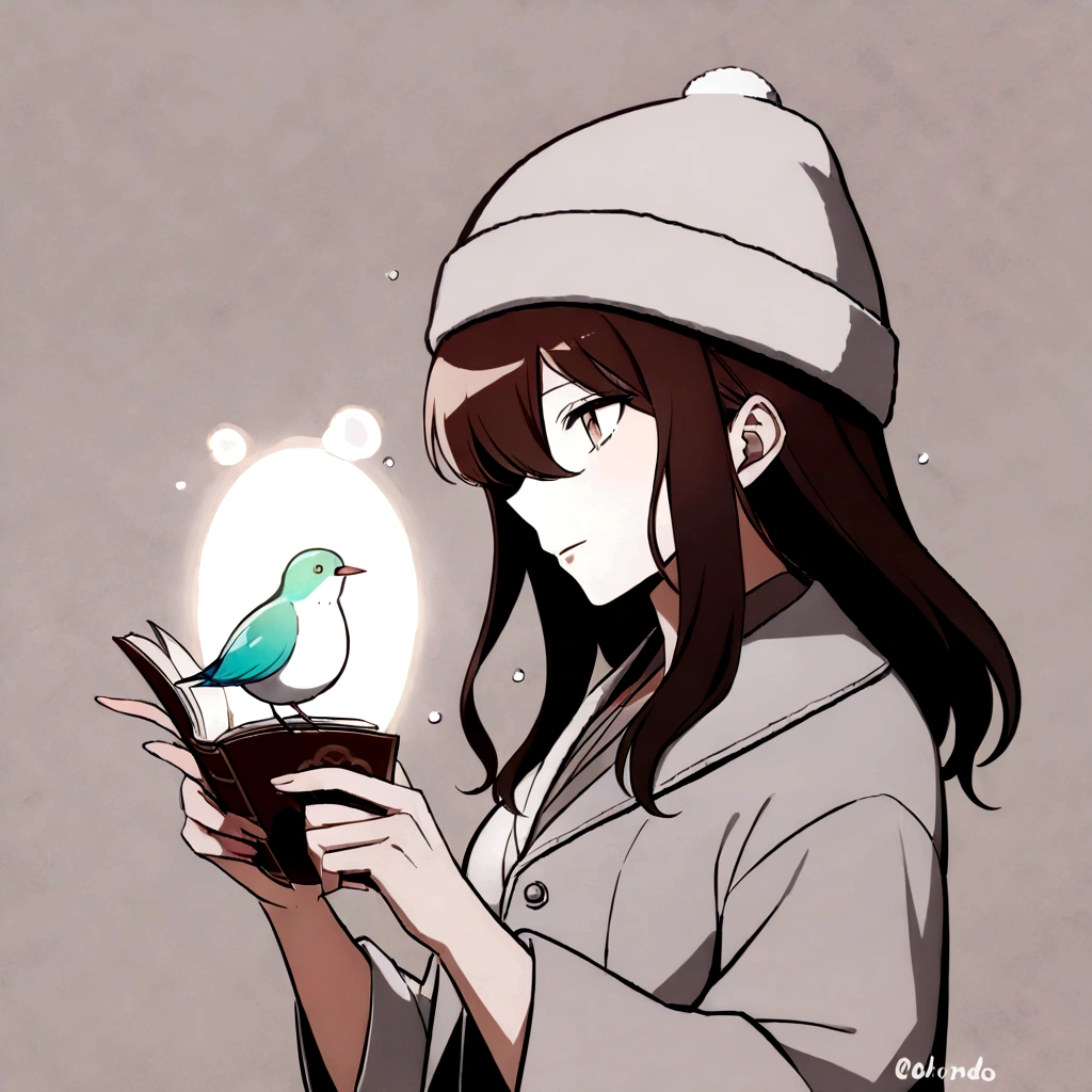 flat illustration, garoto bonito ( neji Hyuga), cabelo castanhos longo e liso, vestindo jaqueta de inverno elegante, cachecol, gorro de inverno com branco, pele clara, olhando para o espectador, ao ar livre, inverno frio, neve, tempo frio, montanhas, nuvens, luz solar
