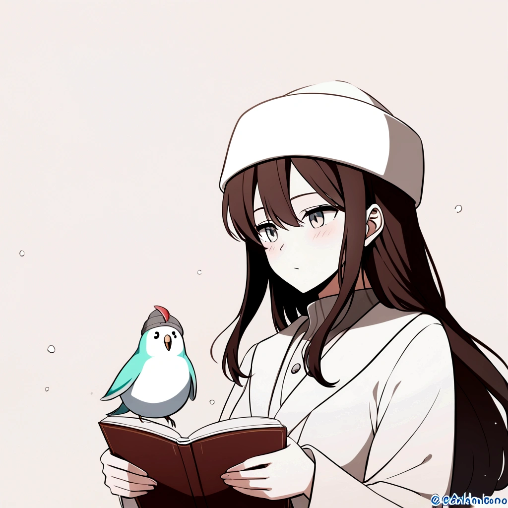 flat illustration, garoto bonito ( neji Hyuga), cabelo castanhos longo e liso, vestindo jaqueta de inverno elegante, cachecol, gorro de inverno com branco, pele clara, olhando para o espectador, ao ar livre, inverno frio, neve, tempo frio, montanhas, nuvens, luz solar
