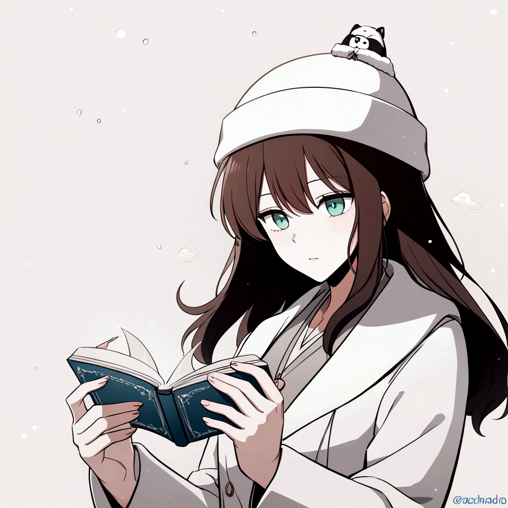 flat illustration, garoto bonito ( neji Hyuga), cabelo castanhos longo e liso, vestindo jaqueta de inverno elegante, cachecol, gorro de inverno com branco, pele clara, olhando para o espectador, ao ar livre, inverno frio, neve, tempo frio, montanhas, nuvens, luz solar
