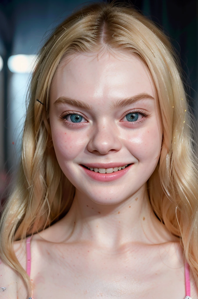 portret of elle fanning. Dark background, bright light up front, detailed face, face tilted to the left, cute smile, blonde hair, even lighting, softbox, soft shadows, bright light lighting her face, looking to the left