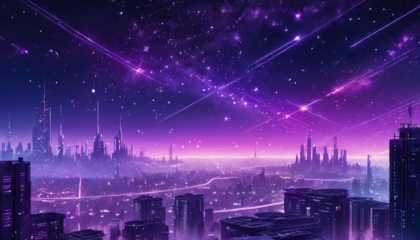 Starry sky with constellations, Purple hue like a nebula, Vast space, The Bottom of Cyberpunk City,