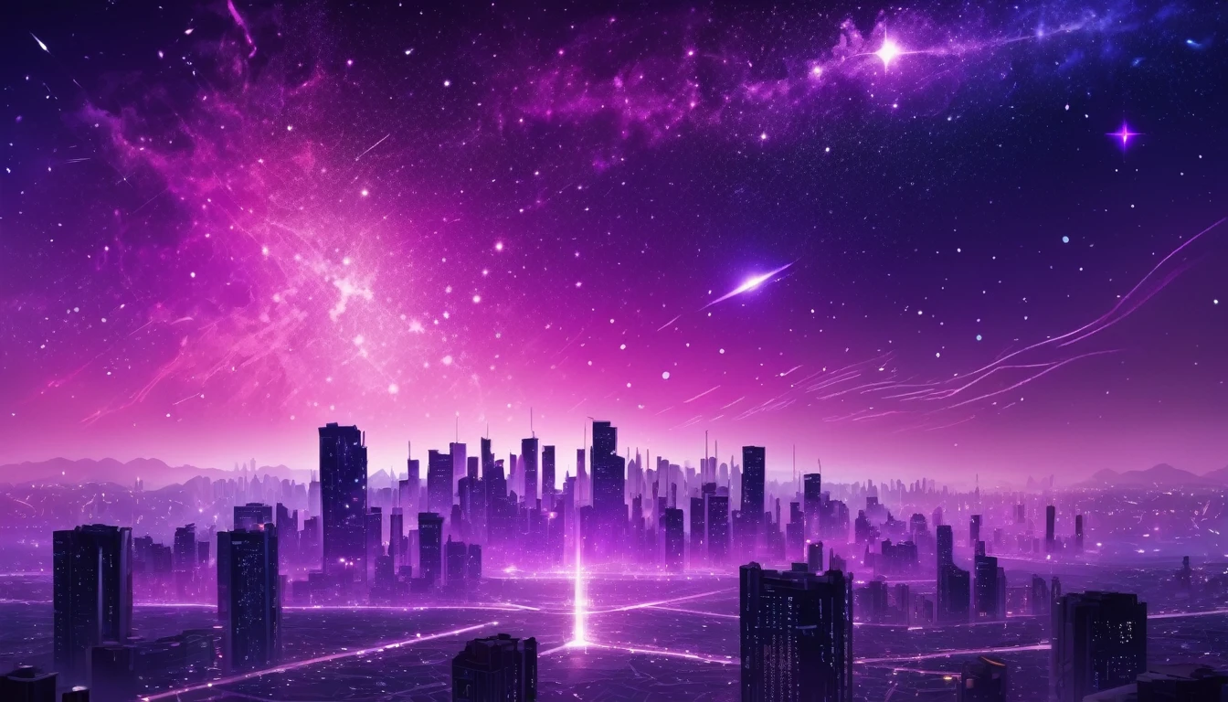 Starry sky with constellations, Purple hue like a nebula, Vast space, The Bottom of Cyberpunk City,
