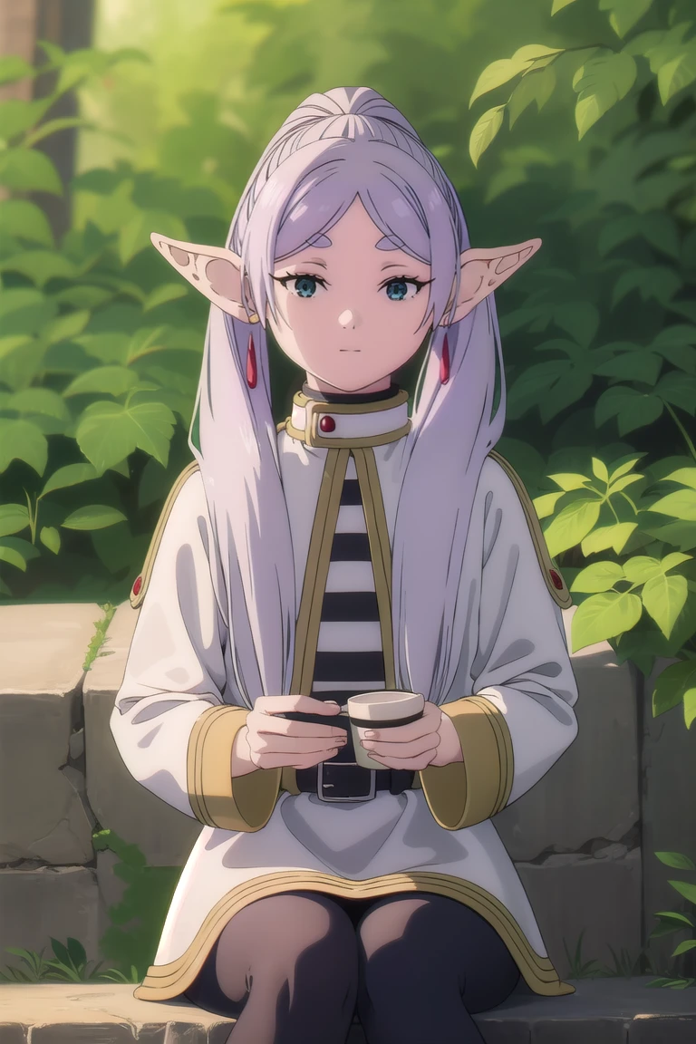 to freeze, to freeze, long hair, ponytail, (green eyes:1.5), White hair, pointed ears, elf,
BREAK shirt, long sleeves, jewelry, Tights, earrings, striped, black Tights, lure, striped shirt,
BREAK looking at viewer, upper body, whole body,
BREAK outdoors, sky, nature,
BREAK (masterpiece:1.2), Best quality, A high resolution, unity 8k wallpaper, (illustration:0.8), (beautiful detailed eyes:1.6), very detailed face, perfect lighting, extremely detailed computer graphics, (perfect hands, Ideal Anatomy),