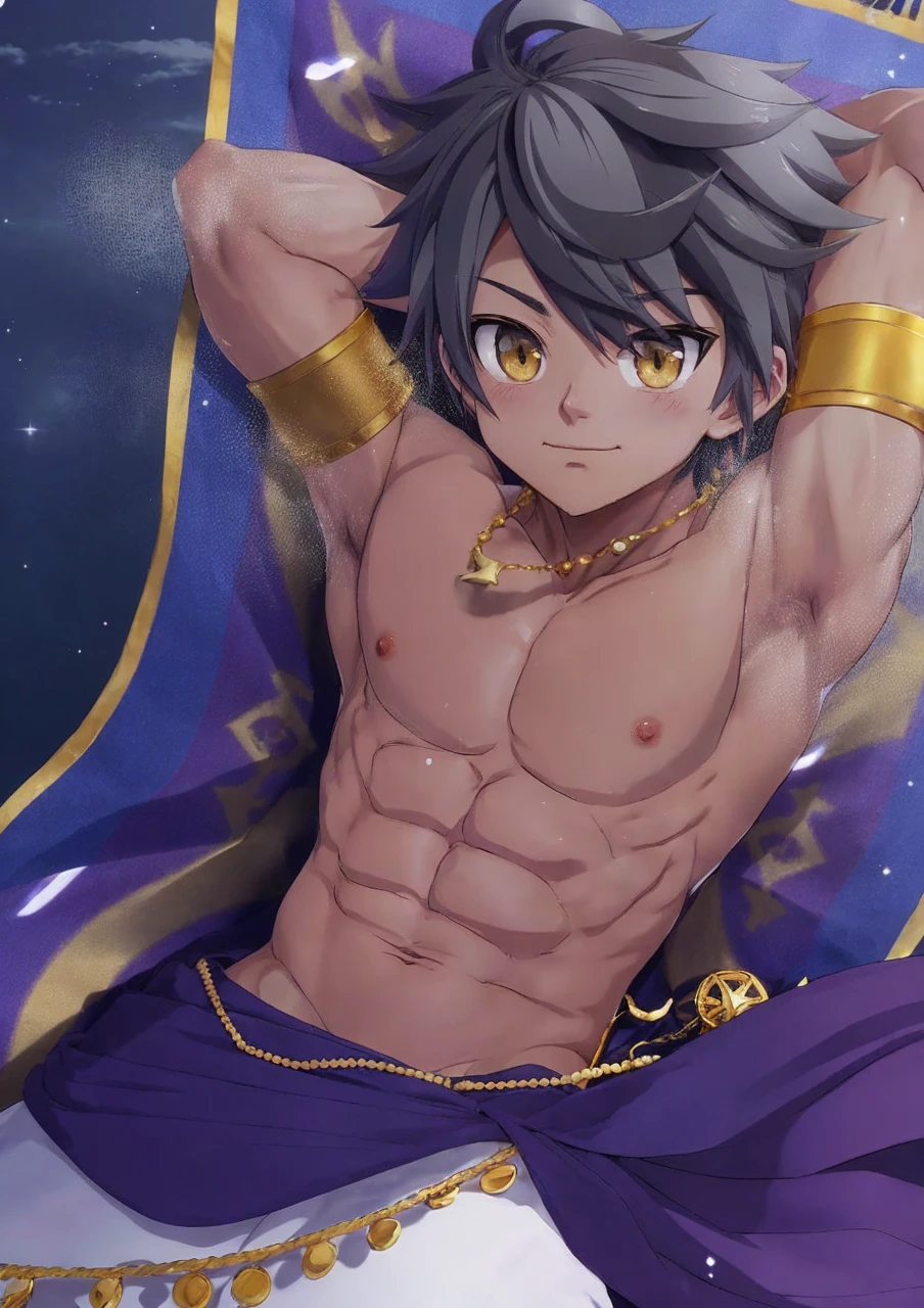 The image features an anime-style character with gray hair and golden eyes. He is wearing gold accessories, including armbands and a necklace. The character is shirtless, showing a well-defined muscular torso, and is wearing a purple cloth around his waist with decorative elements. He appears relaxed, with his arms behind his head, against a dark, possibly starry, background.