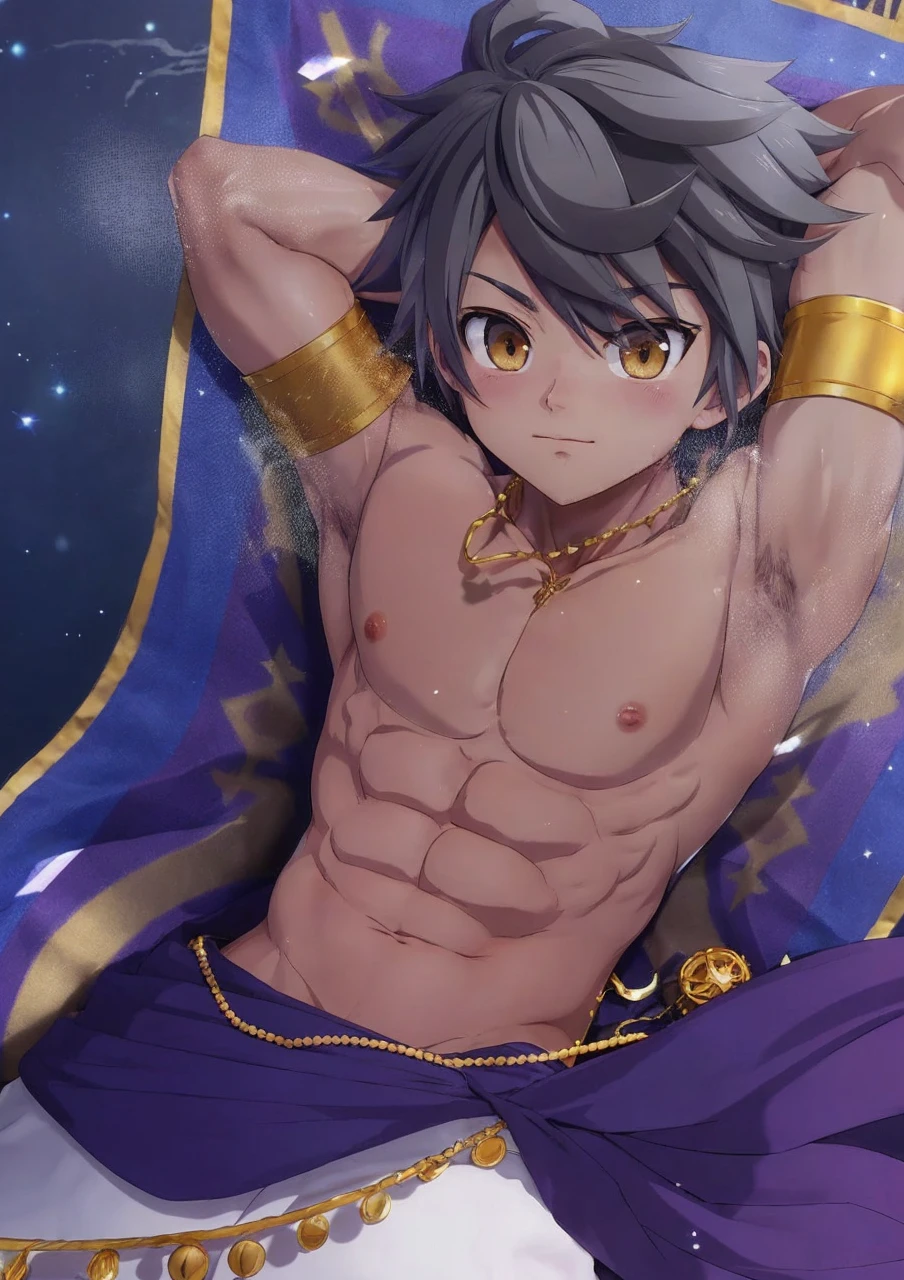 The image features an anime-style character with gray hair and golden eyes. He is wearing gold accessories, including armbands and a necklace. The character is shirtless, showing a well-defined muscular torso, and is wearing a purple cloth around his waist with decorative elements. He appears relaxed, with his arms behind his head, against a dark, possibly starry, background.