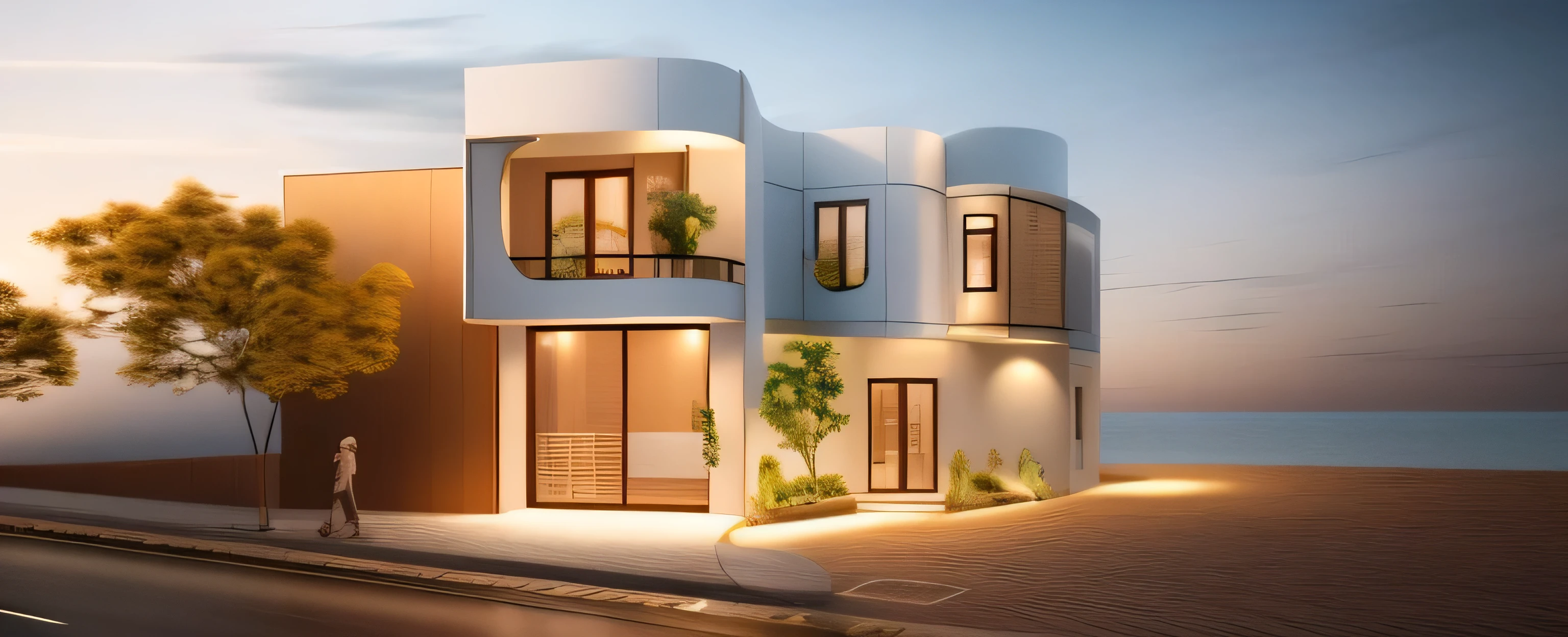 (Townhouse in city ,close houses and trees), daylight ( best quality) ((high solution)) ,(( photo realistic)) ,warm light, (sharp focus) front view of townhouse in style of modern,small house, Narrow area,VietNam,facade, curved arch,beautiful facade,curved windown,narrow and long ,two-storey,mutual colours, soft lighting, warm atmosphere,high Resolution, hyper detailed,4k ,vray render, octane render, hyper realistic, photography expert ,exterior design , professional photography, exterior photography,wide-angle shot , ultra detail , high Resolution , full frame, full body