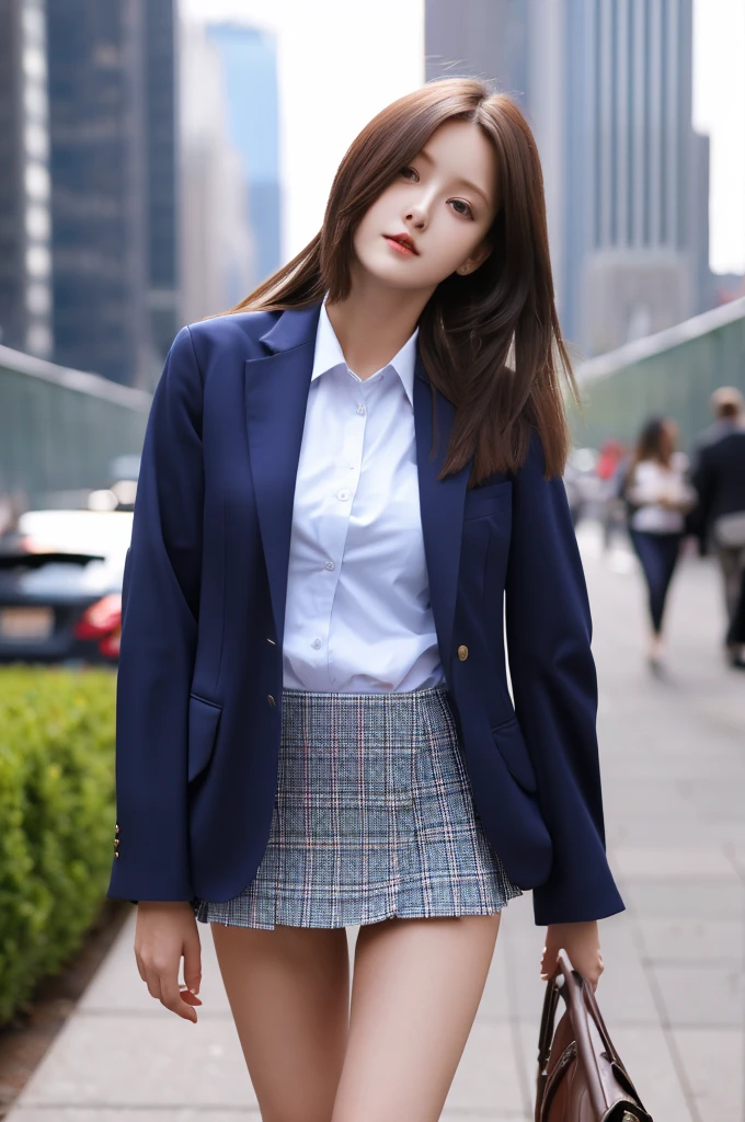 the most beautiful face of a 20 year old actress, perfect proportions of female body, blazer is worn on shirt, female crotch between bare legs, panties are seeable thanks to skirt is too short, in the city, standing, nsfw, best quality, highly detailed, masterpiece, ultra high res, photo realistic, 8k