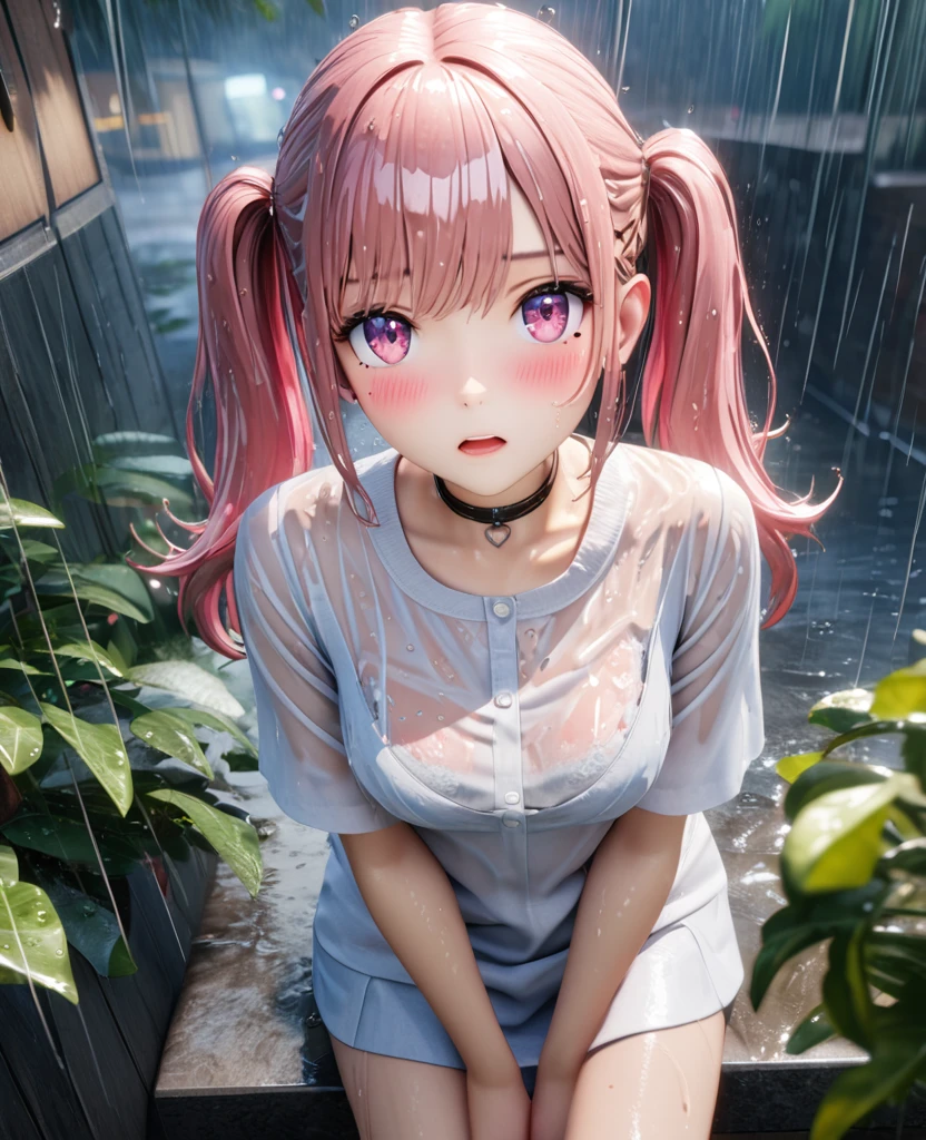 masterpiece, best quality, very detailed, high resolution, expensive resolution, high resolution, 4K, 8k, Unity 8k wallpaper, highly detailed CG, masterpiece, 2D, 3D, beautiful details, depth, fine texture, best quality: 1.3, perfect focus, transparent skin, him, rain, wet, wet clothes: 1.2
Very cute anime girl, (bra visible through white blouse wet from pouring rain, miniskirt), large breasts, expensive twin tails hair, one girl, rain, (raindrops dripping from wet hair, bra visible through thin blouse wet from rain, miniskirt), mole under eye, looks at the viewer, expensive, blush, mole, open lips, heart, pink eyes, choker, white transparent bra