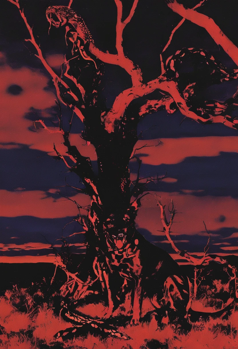 dog near tree with snakes in front of red sky