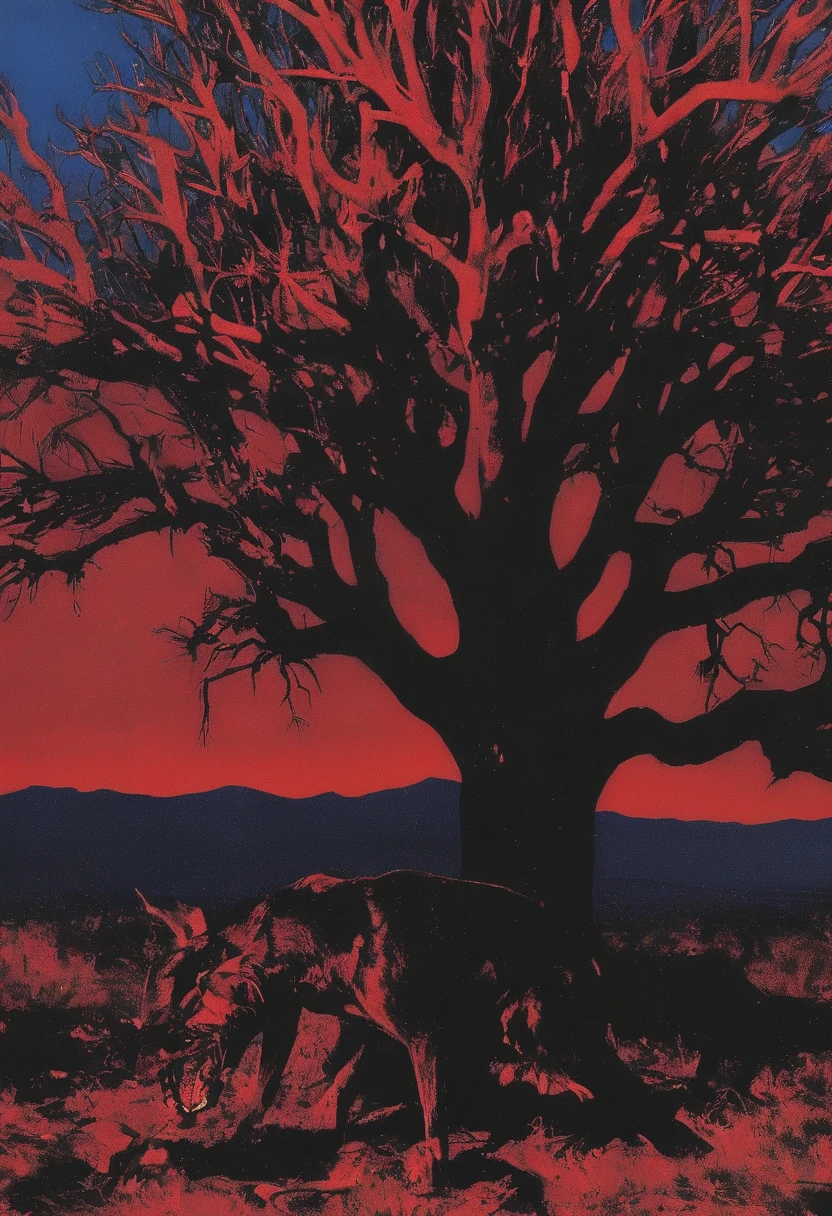 dog near tree with snakes in front of red sky