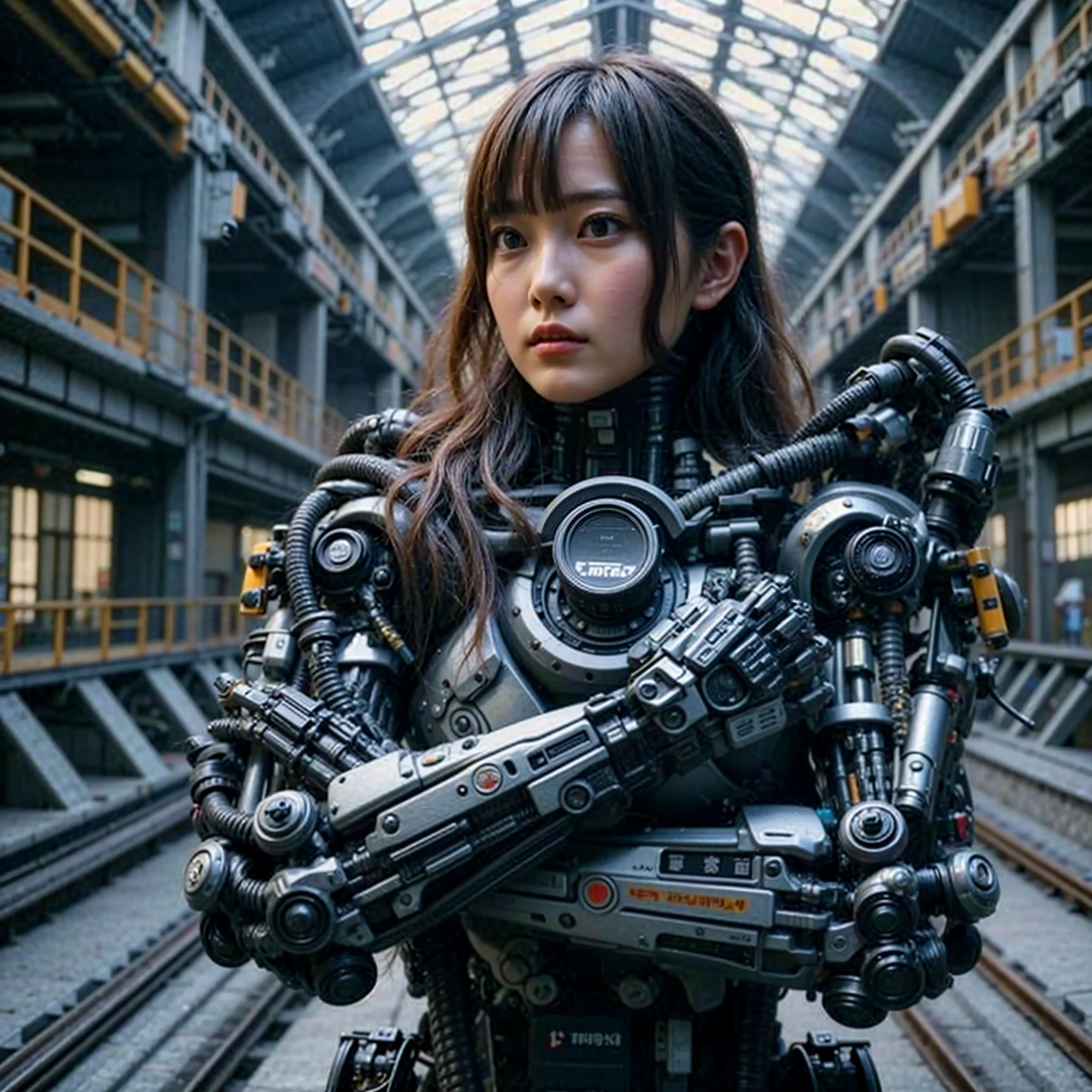 Japanese woman equipped with a simple prototype reinforced exoskeleton under development at a secret base, super realism, realistic photography, taken with Fuji film X-T30+Nokton. HDR10