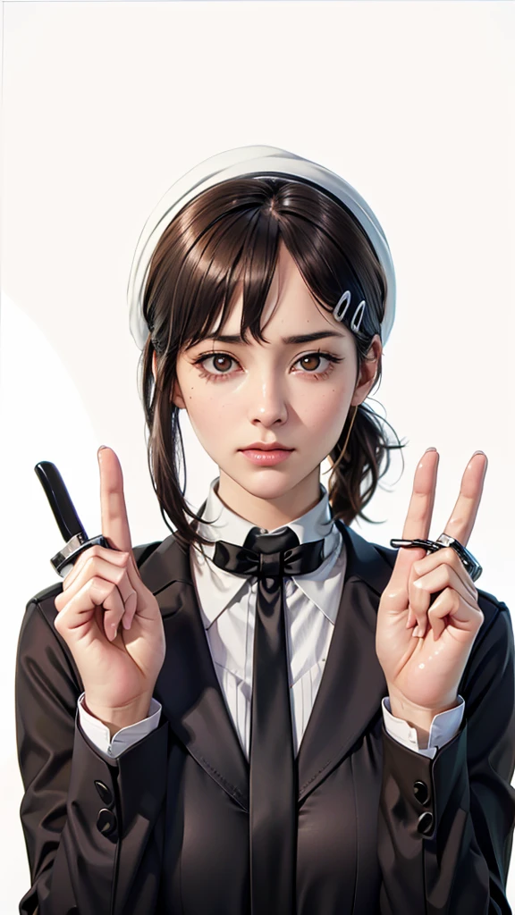 (((Perfect body,White and tender skin,(((Black strap dress, black long bow tie, white lining, black hat))),(((kobeni higashiyama, black hair, hair ornament, hairclip, ponytail, short hair, (brown eyes:1.5),))),((masterpiece)),highres,((Best quality at best)),masterpiece,quality,Best quality,((( Exquisite facial features,Looking at the audience,There is light in the eyes,(((frown,Wronged))),))),(((Light and shadow,Huge breasts,))),(((Looking at the camera,White background))))