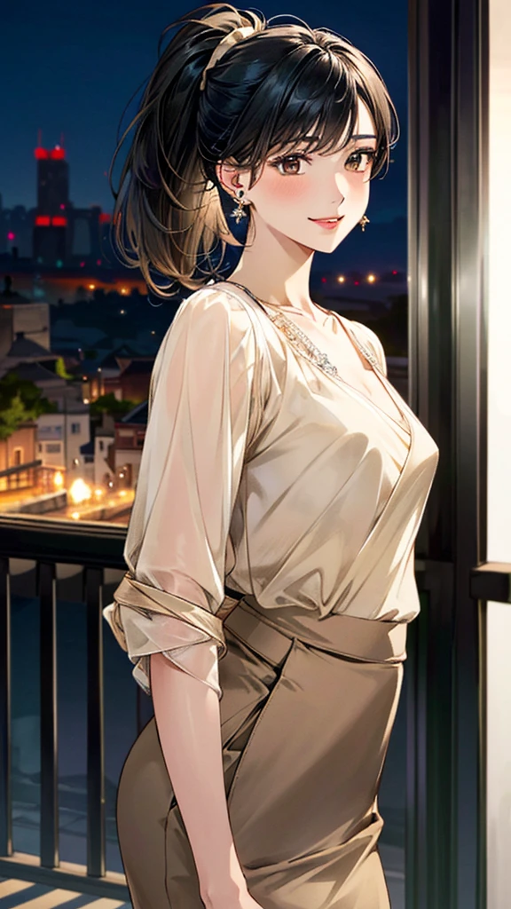 (masterpiece:1.3, Highest quality, Ultra-high resolution, Super detailed), (Realistic, photoRealistic:1.4), Beautiful illustrations, Perfect lighting, colorful, Depth of written boundary,
Beautiful detailed hair, Beautifully detailed face, Beautiful fine details, Beautiful clavicle, Beautiful body, 美しいLarge Breasts, Beautiful thighs, Beautiful feet, Beautiful fingers,
View Viewer、Front view:0.6, Beauty1人, Japanese, Beauty、30 years old, Perfect Face, (Perfect Anatomy, Anatomically correct), Cute and symmetrical face, Baby Face, , Shiny skin,
((Beige sheer blouse:1.4)), ((Wrap Around Skirt:1.5))、
(Black Hair, Medium、ponytail:1.4), Dark brown eyes, (Large Breasts), Slim body,
necklace, (Small earrings:1.3),
(Beautiful views), (night), (city, cityscape in the distance), Standing with good posture, A soft smile、(Smile, Lips parted),