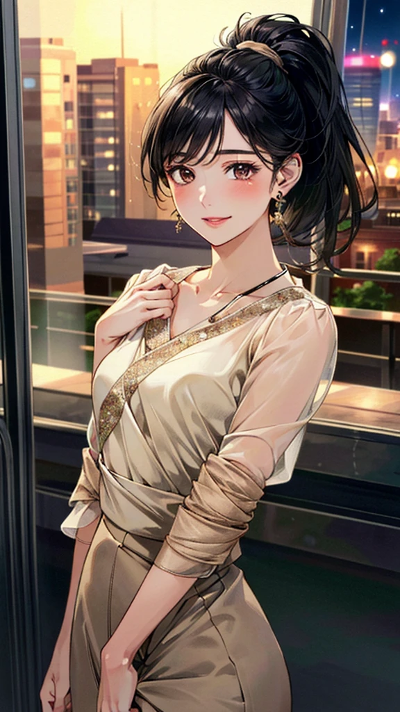 (masterpiece:1.3, Highest quality, Ultra-high resolution, Super detailed), (Realistic, photoRealistic:1.4), Beautiful illustrations, Perfect lighting, colorful, Depth of written boundary, 
Beautiful detailed hair, Beautifully detailed face, Beautiful fine details, Beautiful clavicle, Beautiful body, 美しいLarge Breasts, Beautiful thighs, Beautiful feet, Beautiful fingers, 
View Viewer、Front view:0.6, Beauty1人, Japanese, Beauty、30 years old, Perfect Face, (Perfect Anatomy, Anatomically correct), Cute and symmetrical face, Baby Face, , Shiny skin, 
((Beige sheer blouse:1.4)), ((Wrap Around Skirt:1.5))、
(Black Hair, Medium、ponytail:1.4),  Dark brown eyes, (Large Breasts), Slim body, 
necklace, (Small earrings:1.3), 
(Beautiful views), (night), (city, cityscape in the distance), Standing with good posture, A soft smile、(Smile, Lips parted), 