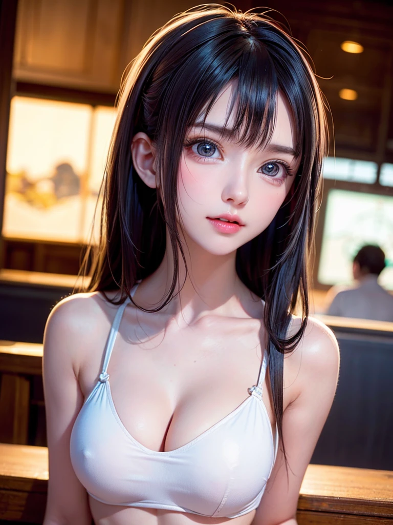 One Girl,(1人のとてもcute女の子:1.3),masterpiece,Highest quality,High resolution,Photorealistic,RAW Photos,Ray Tracing,beautiful girl,(:1.3),cute,Big eyes,(detailed pupils:1.2),(The face is facing straight ahead:1.3),Body facing forward,Beautiful nose,Fuller lips,Short black hair,ponytail,short hair,Detailed eyelashes,Thin eyebrows,Very fine grain definition,(Symmetrical eyes:1.3),(Face close-up,Face Focus:1.0),White swimsuit,White Bikini,Portrait,View Viewer,From below,Cinema Lighting,High resolution,Very detailed