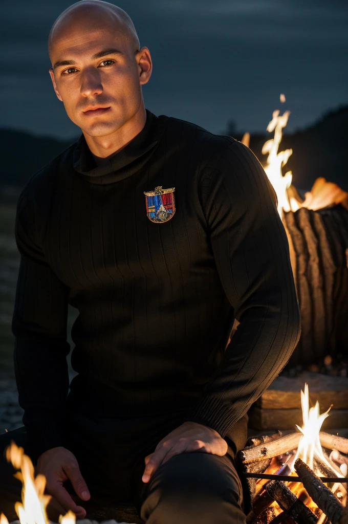 ((8k ((best quality)), ((masterpiece)), (very detailed), real face bald male muscular male soldier upper body wear black pullover sit by campfire at night