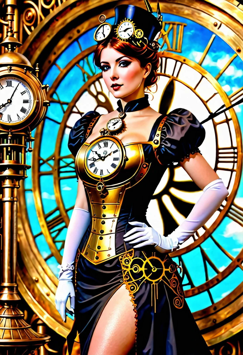 arafed woman in a dress and a clock in the background, clockwork woman, a steampunk beautiful goddess, steampunk aesthetic, golden steampunk, steampunk fantasy style, digital steampunk art, goddess of time, steampunk digital art, steampunk fiction, clockpunk, steampunk art, steampunk fantasy, steampunk beautiful anime woman, clockwork steampunk, high quality steampunk art