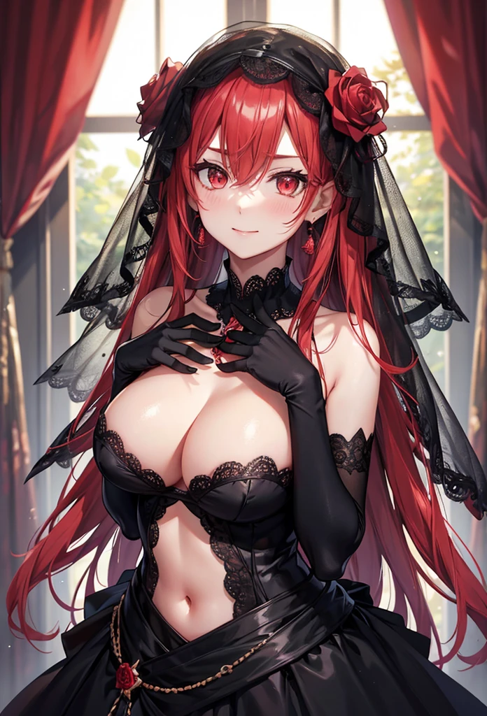 slender, mature female, 1girl, rating:safe, gloves, breasts, earrings, elbow_gloves, dress, long_hair, jewelry, flower, red_hair, solo, black_gloves, rose, cleavage, red_eyes, smile, looking_at_viewer, red_flower, red_rose, navel, large_breasts, black_dress, indoors, bare_shoulders, navel_cutout, very_long_hair, veil, light_particles, red_dress, bangs, eyebrows_visible_through_hair, blush, center_opening, sleeveless, blurry, hair_flower, closed_mouth, hair_ornament, sleeveless_dress, lace, petals, hand_up, hair_between_eyes, standing, black_rose, black_flower, brooch, rose_print, light_rays, depth_of_field, necklace