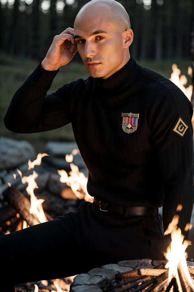 ((8k ((best quality)), ((masterpiece)), (very detailed), real face bald male muscular male soldier upper body wear black pullover sit by campfire at night