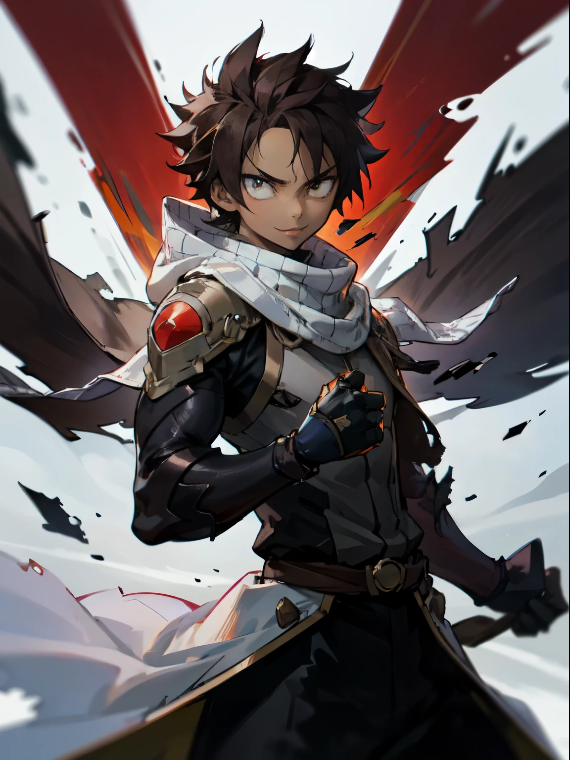 masterpiece, High resolution, high quality, Dark Skinned Teen, male, A little buff, Medium dark brown hair, Big Innocent Eyes, Wearing a black bodysuit, 6 long white torn scarves, White hooded cloak, Big black gauntlets, Dramatic show, Intensive, nice, Amazing guy, close