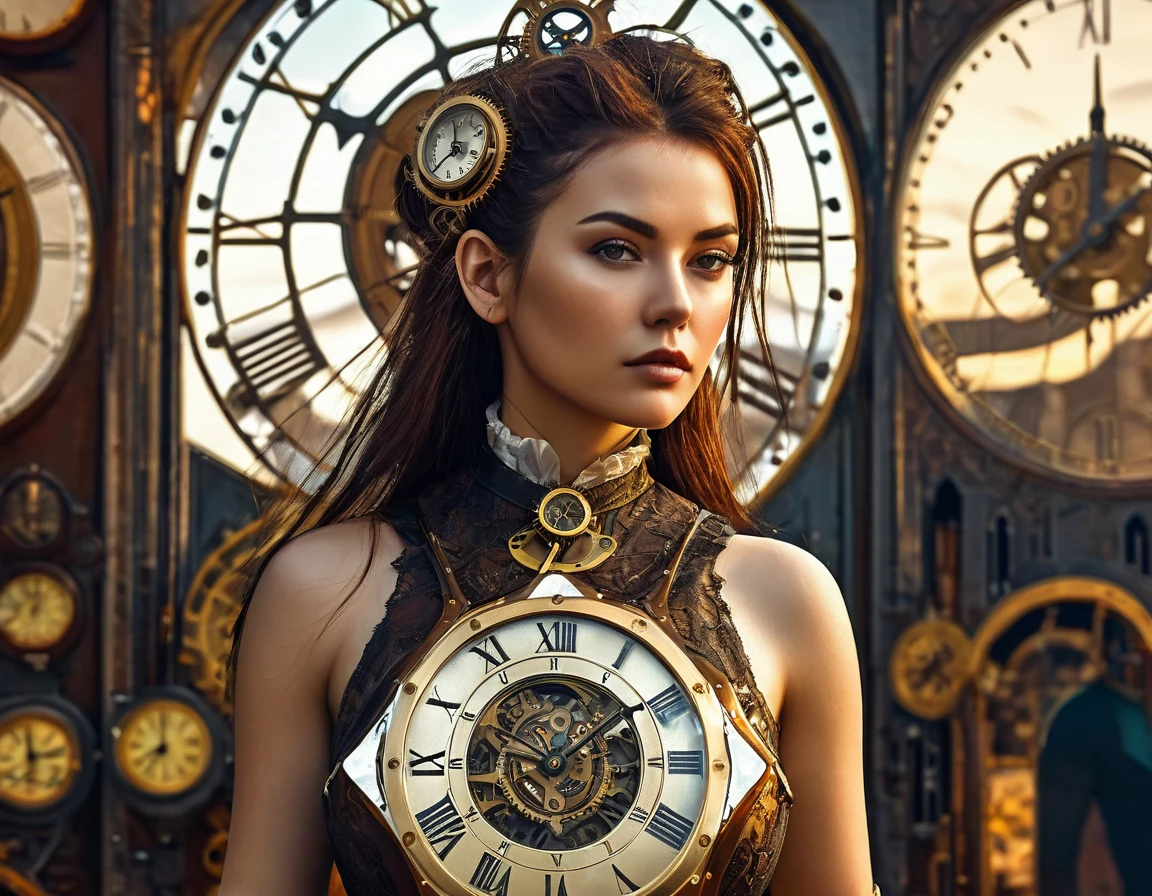 arafed woman in a dress and a clock in the background, cyberpunk art by Alexander Kucharsky, cgsociety contest winner, fantasy art, clockwork woman, a steampunk beautiful goddess, steampunk aesthetic, golden steampunk, steampunk fantasy style, digital steampunk art, goddess of time, steampunk digital art, steampunk fiction, steampunk art, clockpunk, steampunk fantasy