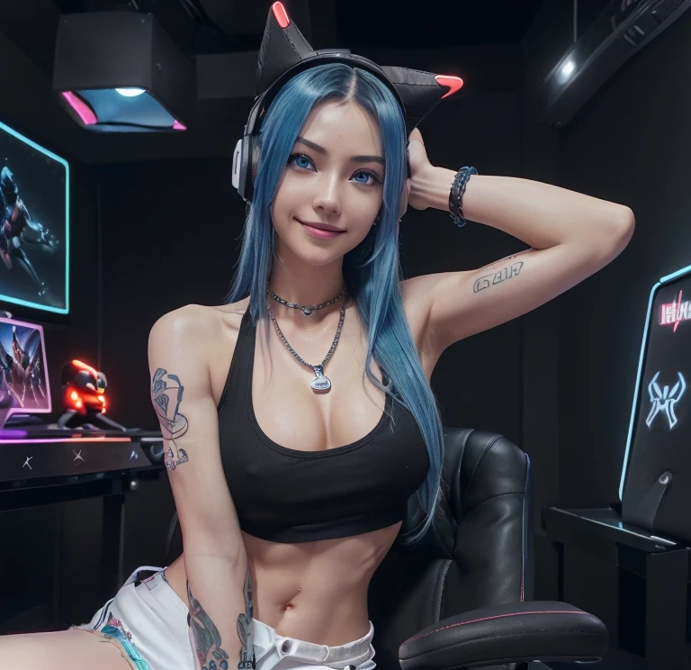 top-quality、Top image quality、masterpiece、girl with((18year old、Cool hat、Tattoo on the right shoulder、Black Navel Tank Top、White shorts、Best Bust、Bust 85、blue hair、Longhaire、Blue eyes、open chest wide、Happiness、Chain Accessories、Black wristband on wrist、A slender、A smile、Have a controller、Sexy Shots、gaming headphone、all fours pose))hiquality、visualart、Magazine cover style、Background with((Neon colored room、Gaming PC、Gaming Desk、Gaming Chair、Gaming bed、gaming console、atmosphere of night))、masutepiece、Depth(ciber)