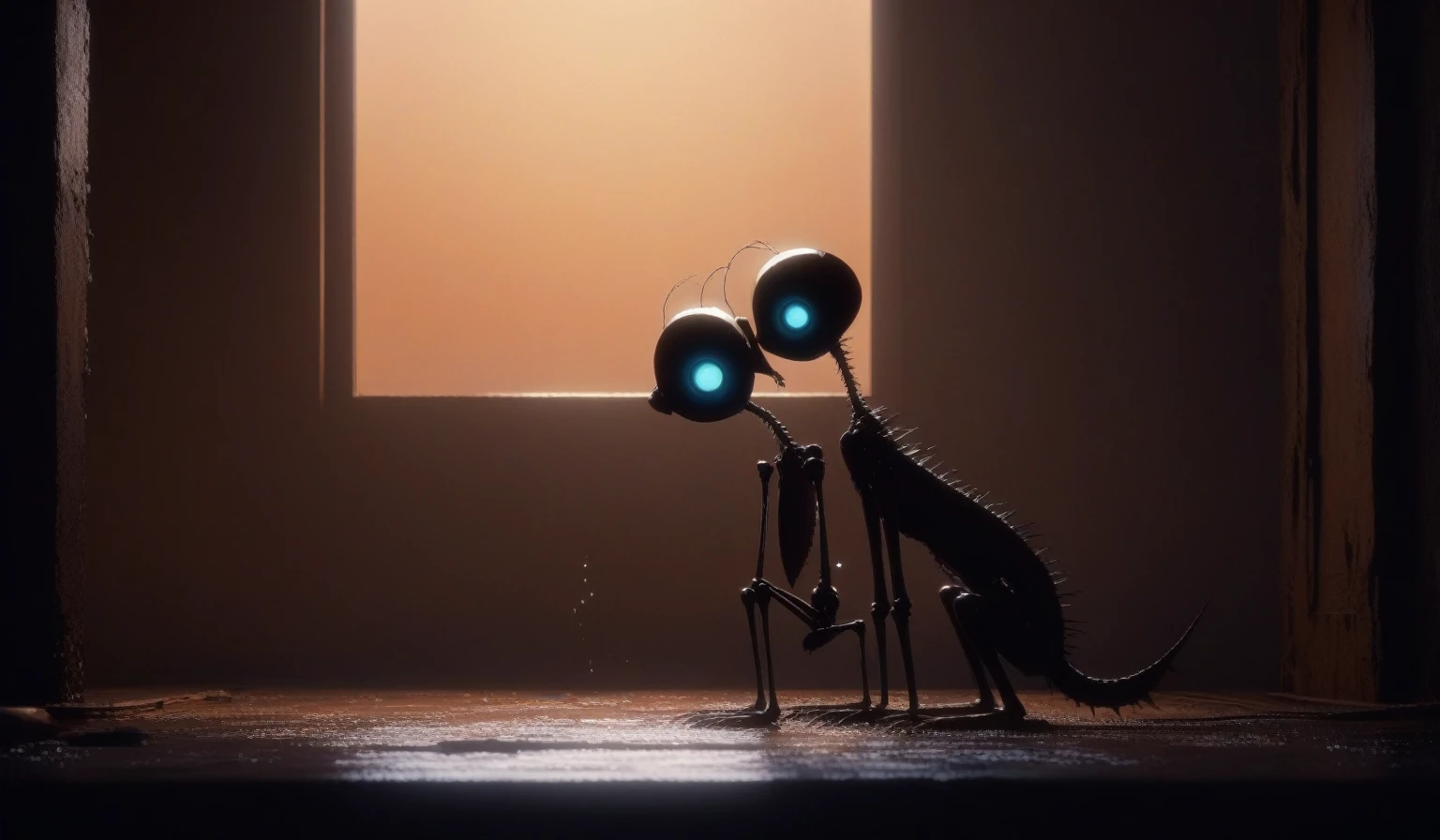 Create a simple and elegant“Love, Death, and Robots" logo, shedding niobium tears. The design should convey a strong sense of sadness and melancholy, using a minimalist approach with clear lines and using only high contrast deeply matte black, nicola samori,ben templsmith,Irina Yermolova,,pixar movie still, pixar movie screenshot, frame from pixar movie, animated movie still, still from the pixar movie, still from a pixar movie, disney pixar movie still, pixar movie scene, still from pixar movie, still from a 2001 pixar movie, pixar render, animated film still