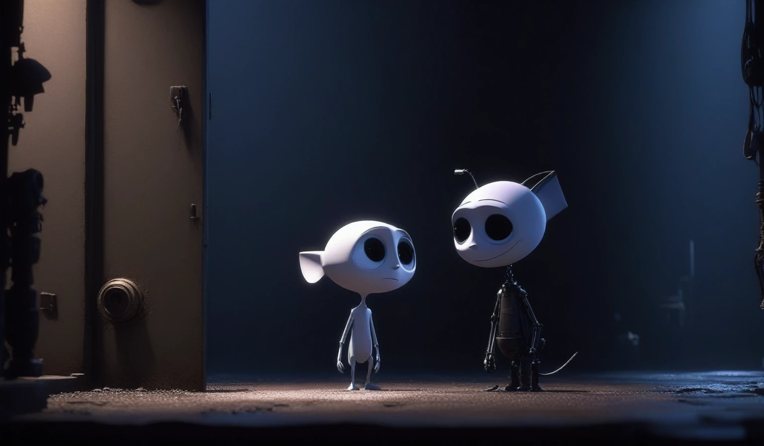Create a simple and elegant“Love, Death, and Robots" logo, shedding niobium tears. The design should convey a strong sense of sadness and melancholy, using a minimalist approach with clear lines and using only high contrast deeply matte black, nicola samori,ben templsmith,Irina Yermolova,,pixar movie still, pixar movie screenshot, frame from pixar movie, animated movie still, still from the pixar movie, still from a pixar movie, disney pixar movie still, pixar movie scene, still from pixar movie, still from a 2001 pixar movie, pixar render, animated film still