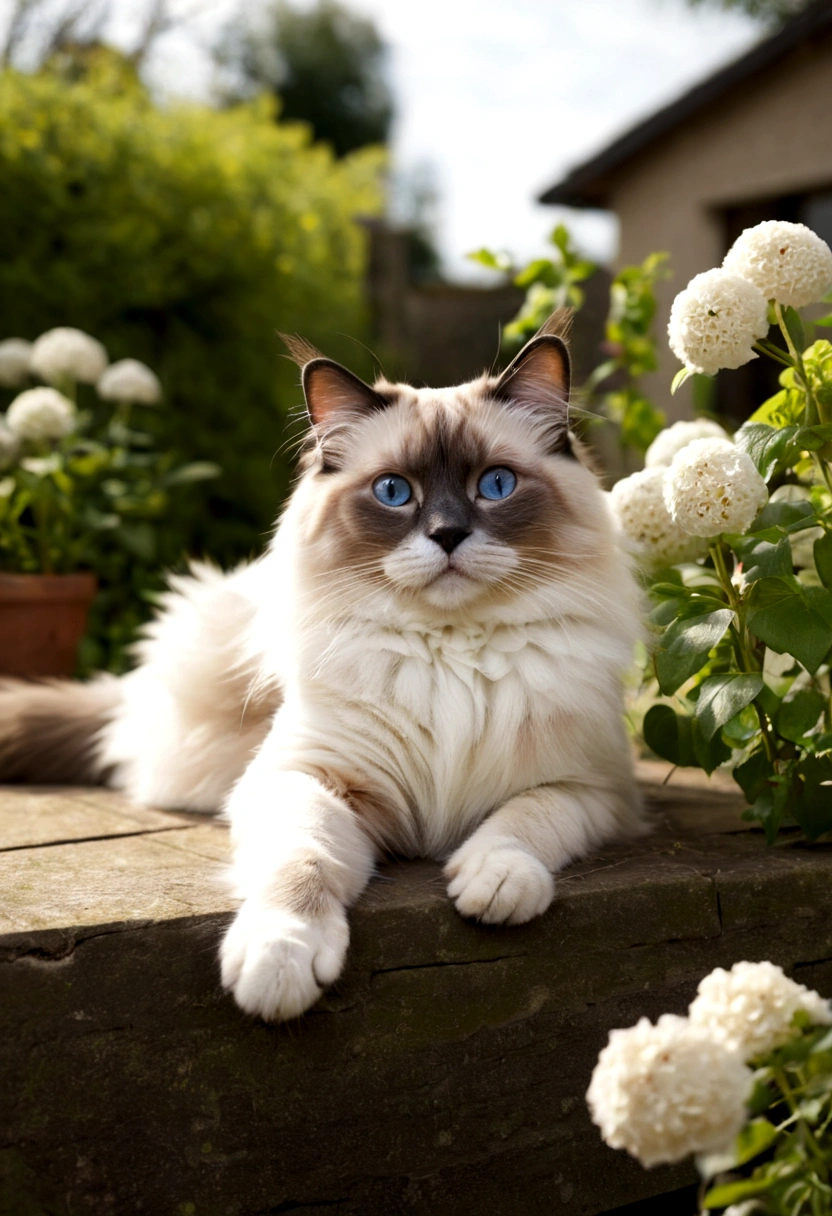 Ragdoll relaxing in the garden