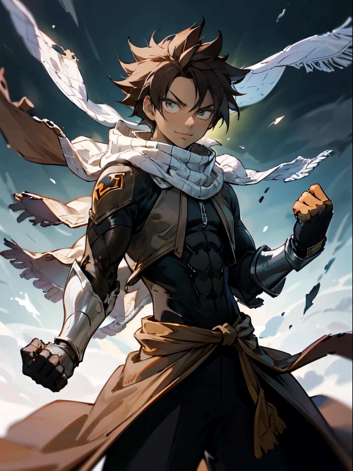 masterpiece, High resolution, high quality, Dark Skinned Teen, male, A little buff, Medium dark brown hair, Big Innocent Eyes, Wearing a black bodysuit, 6 long white torn scarves, White hooded cloak, Big black gauntlets, Dramatic show, Intensive, nice, Amazing guy, close