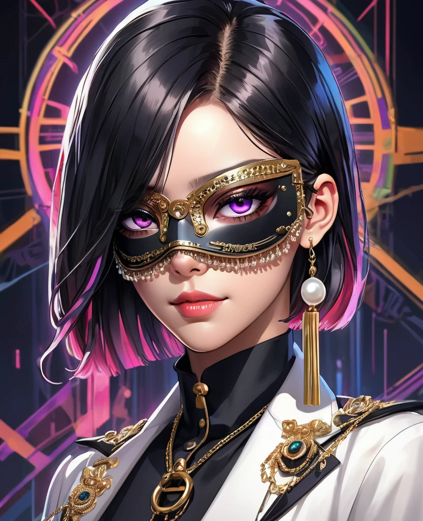 (Digital Illustration，Detailed anime style，Heavy Metal Cyberpunk，Pearl tassel eye mask，Portrait of girl wearing mask eye patch，Solitary，symmetry)，(Big colorful eyes，Fashionable and exquisite facial features，Exquisite makeup，Smooth skin，Smile，Soulful gaze，)，(Straight Hair，Hairpin)，(Black suit，Epaulettes-Chain，cool，)，(((Correct human ???????)))，，out a hand：1.37.Radioactive geometric dynamic light wave background