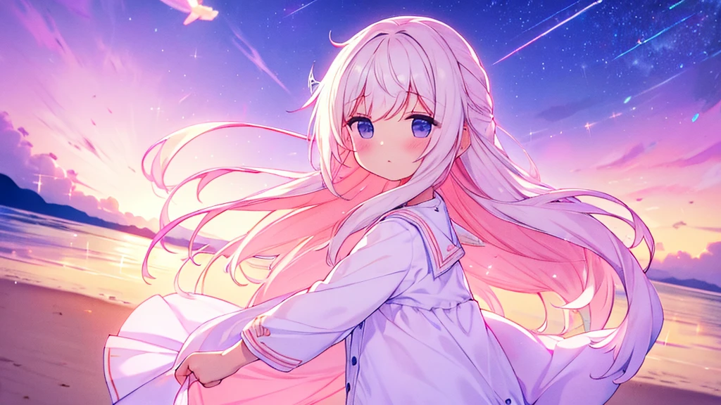 Una linda camisa blanca que la deja ver. 、Falda de vuelo celeste con volantes、Se levanta la falda con ambas manos para lucir su linda ropa interior blanca.、Linda ropa interior blanca visible cuando se levanta la falda.、Playa de arena, Mar hermoso, noche y cielo estrellado