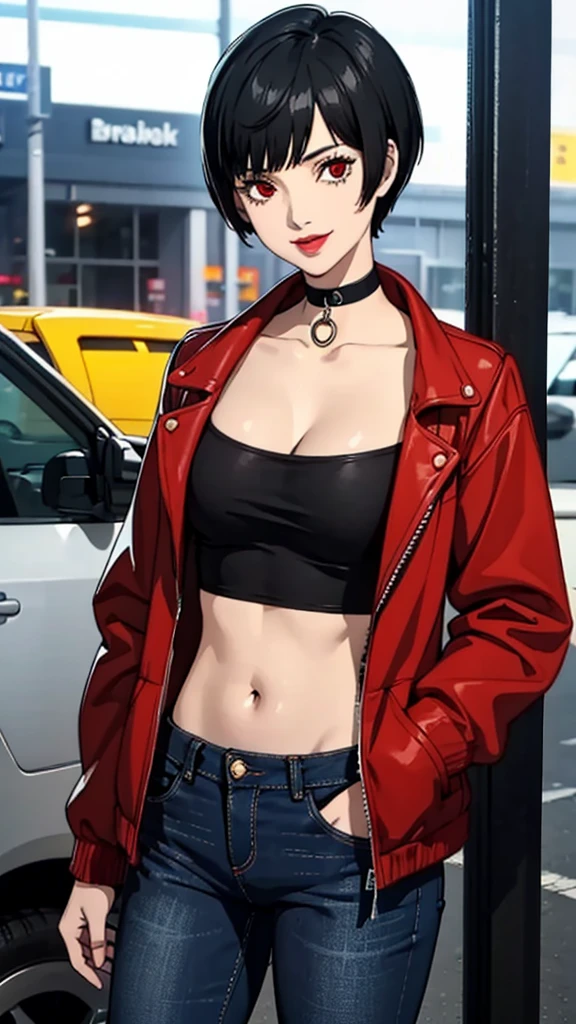 1 girl, Red eyes, very Short hair, black choker, lipstick, cowboy shot, smile, black hair, female , tomboy Pixie haircut, bandeau, jacket, jeans, cowboy shot