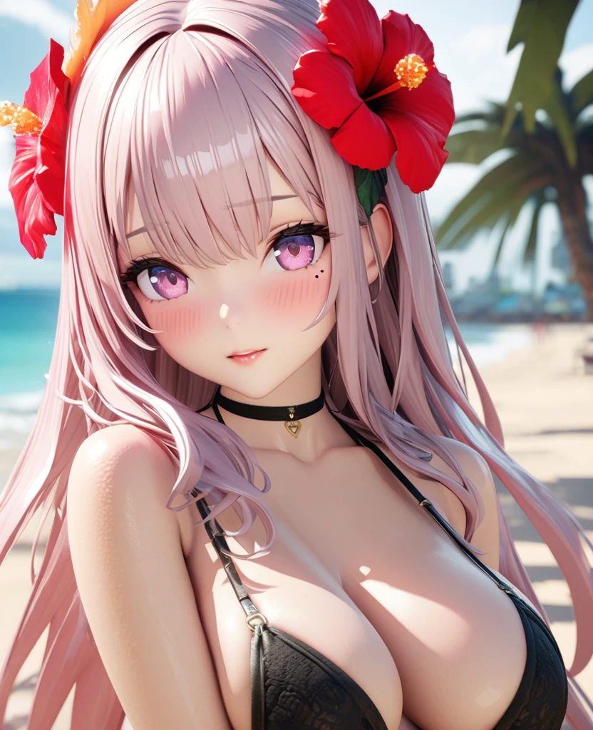 masterpiece,highest quality, Very detailed, High resolution, expensive resolution, High resolution, 4K, 8k, unity 8k wallpaper, Very detailed CG, masterpiece, 2D, 3D, Beautiful details, depth, Fine texture , highest quality: 1.3, Fully focused, Crispy.skin, .he,
Very cute anime girl 、Bikini、Large Breasts、Pink medium-long hair wearing expensive , One Girl、Palm tree、Seaside, Mole under the eye, looking at the viewer , expensive , blush, Mole, Lips parted, Hibiscus hair accessory, heart, Pink Eyes, choker