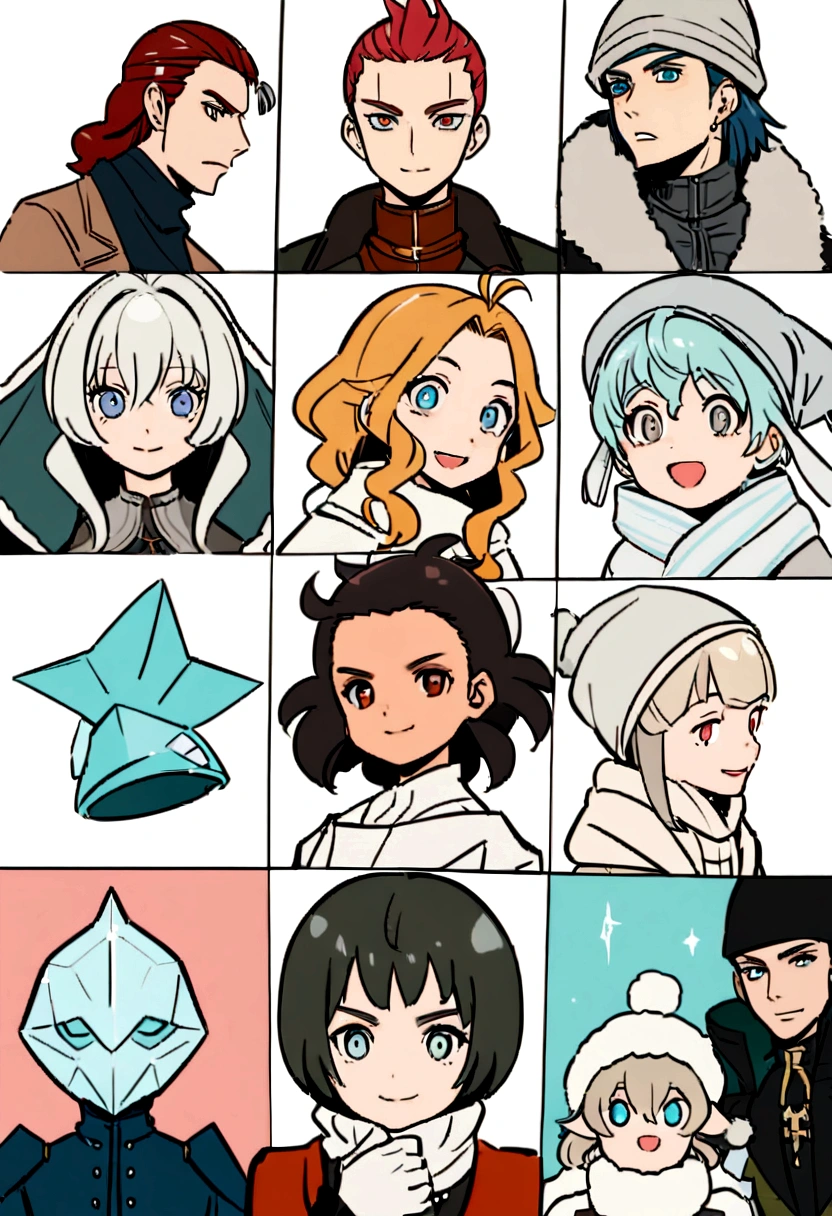 flat illustration, garoto bonito ( neji Hyuga), cabelo castanhos longo e liso, vestindo jaqueta de inverno elegante, cachecol, gorro de inverno com branco, pele clara, olhando para o espectador, ao ar livre, inverno frio, neve, tempo frio, montanhas, nuvens, luz solar