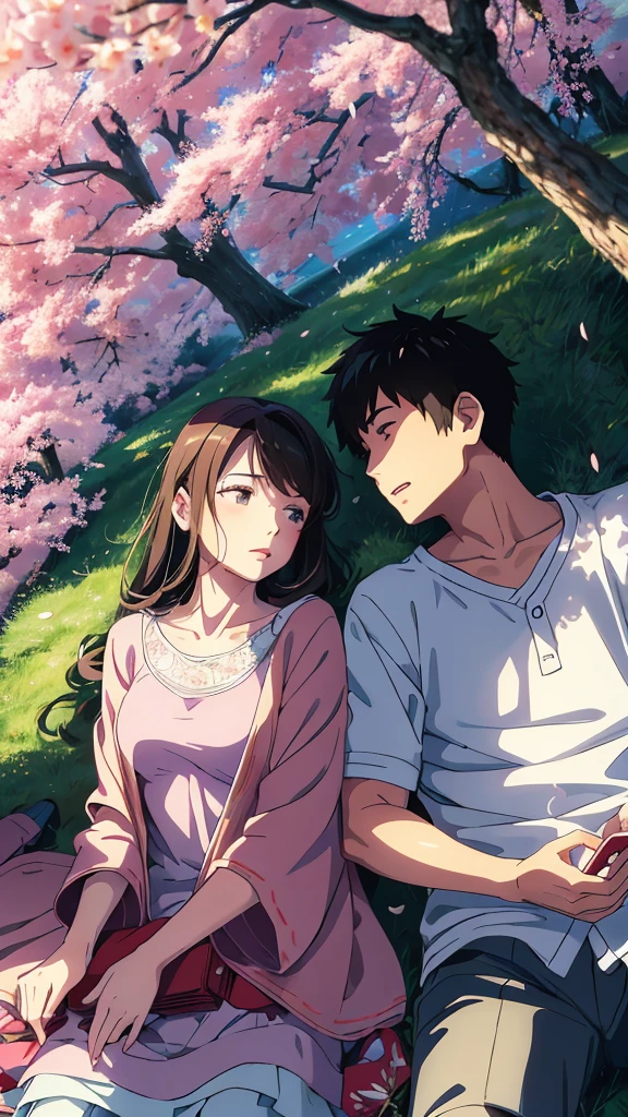 In a grassy park dotted with cherry blossom trees, a teenage boy and girl are lying side by side on a soft blanket. They are looking up at the branches overhead, where cherry blossom petals are raining down like confetti. The boy has his arm around the girl, listening to music together. Their expressions are relaxed and content, enjoying each other's company in the midst of nature's beauty.