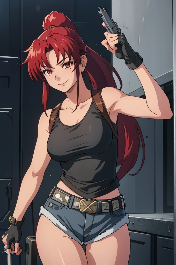 1girl, cute, sexy, red hair, cowboy shot, solo, revy, evil smile, holding gun, handgun, pistol, ponytail, tank top, fingerless gloves, denim shorts, holster, belt, newest