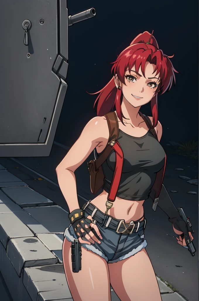 1girl, cute, sexy, red hair, cowboy shot, solo, revy, evil smile, holding gun, handgun, pistol, ponytail, tank top, fingerless gloves, denim shorts, holster, belt, newest