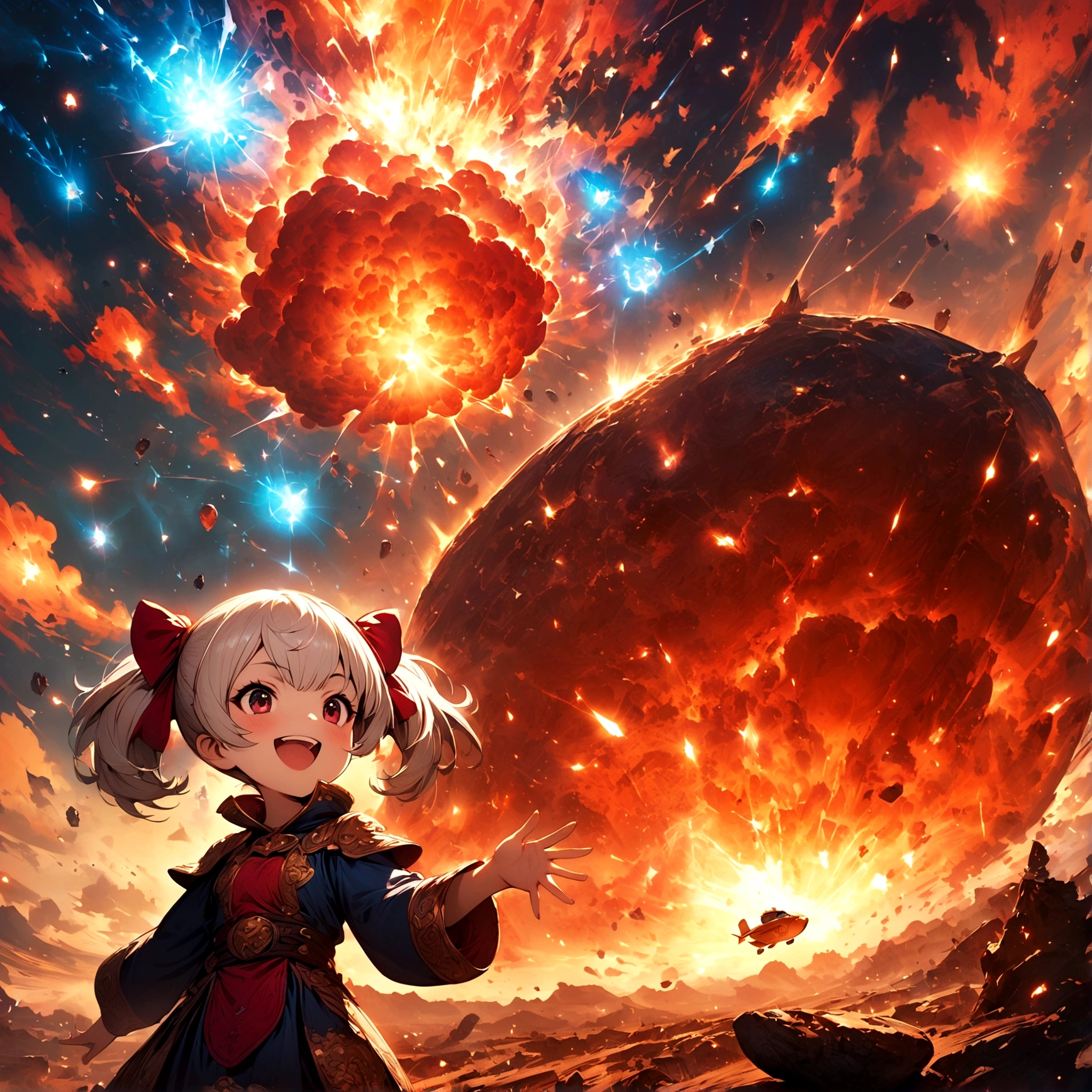 1girl,shantotto,final fantasy,Intricate details,Wide range of colors,artwork,rendering,Little,Laughing out loud,High-flying car,Silver Hair,,Magic Effects,Create artistic backgrounds,Meteor,a meteorite is falling,Decadent,