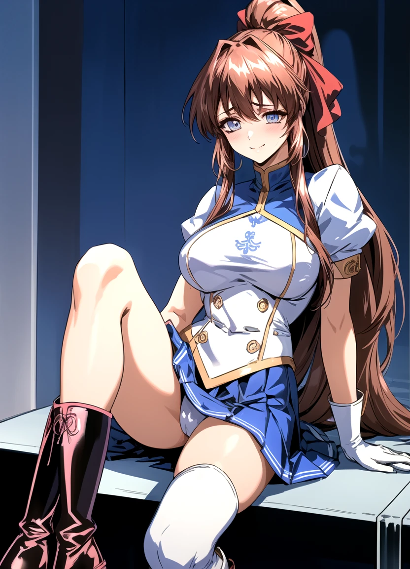 Aoikan, One girl, alone, Hair Ribbon, Patent leather white leotard Patent blue boots Wrinkled boots Enamel White Gloves Patent blue mini skirt A clean image Gold decoration Exquisitely decorated costume justice ponytail Semi-long hair hair ornaments A smile of embarrassment Squint your eyes Jockey Boots Push out your hips Spread your legs Poop sitting