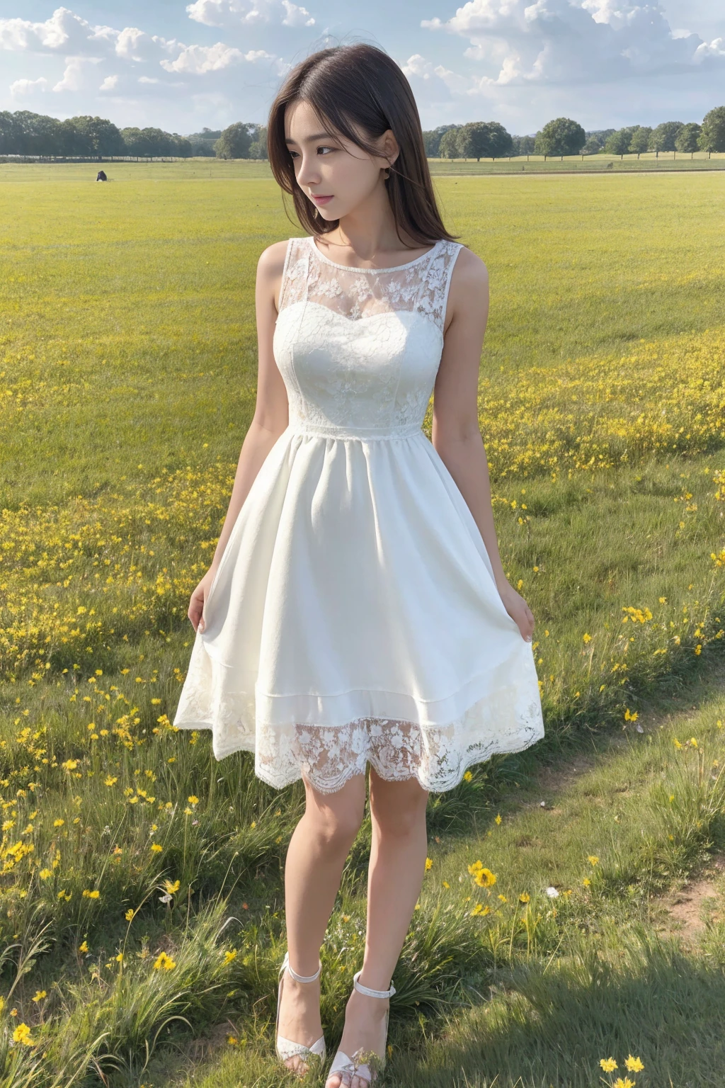 Full body of a very cute girl wearing a sexy white dress standing on a windy meadow，Standing whole body，She is a physically mature 12-year-old girl.，Thin lace dress，It&#39;s see-through，I don't wear anything under my clothes，The nipples are visible，A dress with intricate details，Perfect proportions，Perfect Body，Sensual pose with arched back and hips，Raise your arms and show your armpitasterpiece，Photorealistic，Super detailed，Ultra-high resolution，8k，RAW Photos，Highest quality，Large Breasts，Small waist，(Long legs)，Cleavage，Detailed eyes，double eyelid，Long eyelashes，View your viewers，超 A hight resolution ，dynamic，short hair，Short Bob Hair，unkempt disheveled hair，Hair blowing in the wind，Earrings，Natural Lip