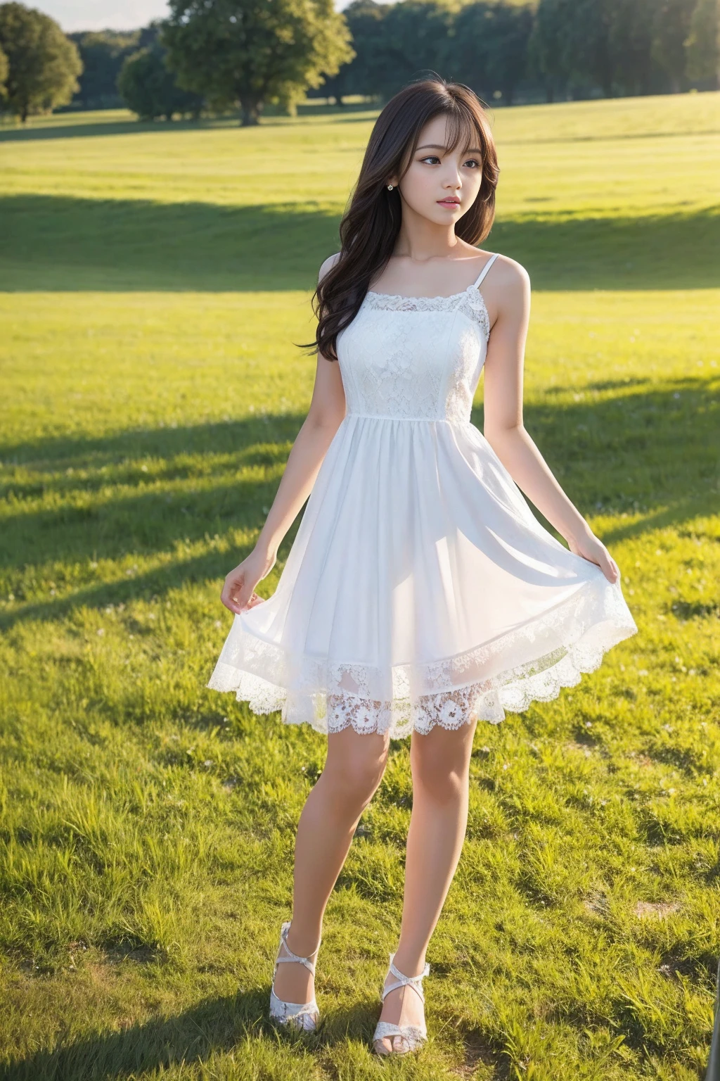 Full body of a very cute girl wearing a sexy white dress standing on a windy meadow,Standing whole body,She is a physically mature 12-year-old girl.,Thin lace dress,It's see-through,I don't wear anything under my clothes,The nipples are visible,A dress with intricate details,Perfect proportions,Perfect Body,Sensual pose with arched back and hips,Raise your arms and show your armpitasterpiece,Photorealistic,Super detailed,Ultra-high resolution,8k,RAW Photos,Highest quality,Large Breasts,Small waist,(Long legs),Cleavage,Detailed eyes,double eyelid,Long eyelashes,View your viewers,超 A hight resolution ,dynamic,short hair,Short Bob Hair,unkempt disheveled hair,Hair blowing in the wind,Earrings,Natural Lip