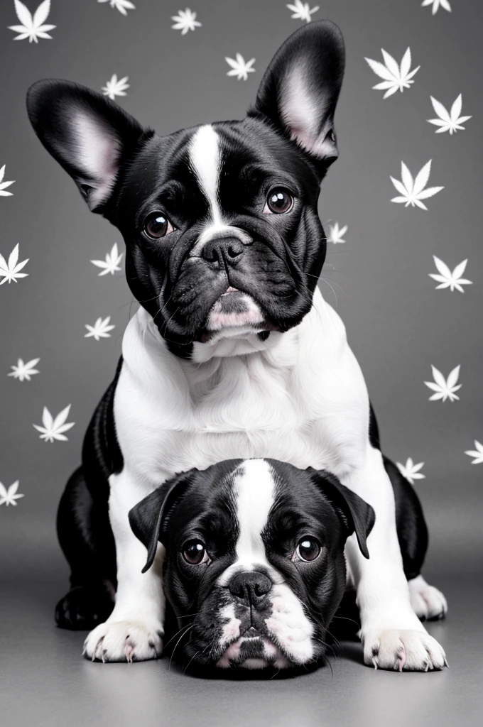 Black and white French bulldog background with marijuana