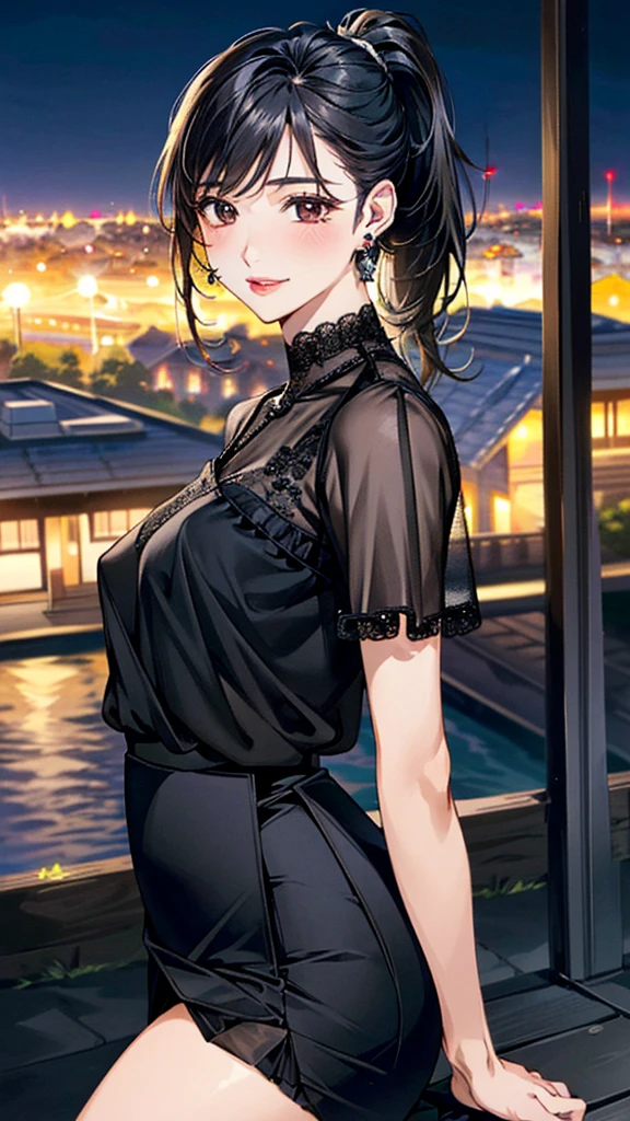 (masterpiece:1.3, Highest quality, Ultra-high resolution, Super detailed), (Realistic, photoRealistic:1.4), Beautiful illustrations, Perfect lighting, colorful, Depth of written boundary, 
Beautiful detailed hair, Beautifully detailed face, Beautiful fine details, Beautiful clavicle, Beautiful body, 美しいLarge Breasts, Beautiful thighs, Beautiful feet, Beautiful fingers, 
View Viewer、Front view:0.6, Beauty1人, Japanese, Beauty、30 years old, Perfect Face, (Perfect Anatomy, Anatomically correct), Cute and symmetrical face, Baby Face, , Shiny skin, 
((Black sheer blouse:1.4)), ((Wrap Around Skirt:1.5))、
(Black Hair, Medium、ponytail:1.4),  Dark brown eyes, (Large Breasts), Slim body, 
necklace, (Small earrings:1.3), 
(Beautiful views), (night), (city, cityscape in the distance), Standing with good posture, A soft smile、(Smile, Lips parted), 