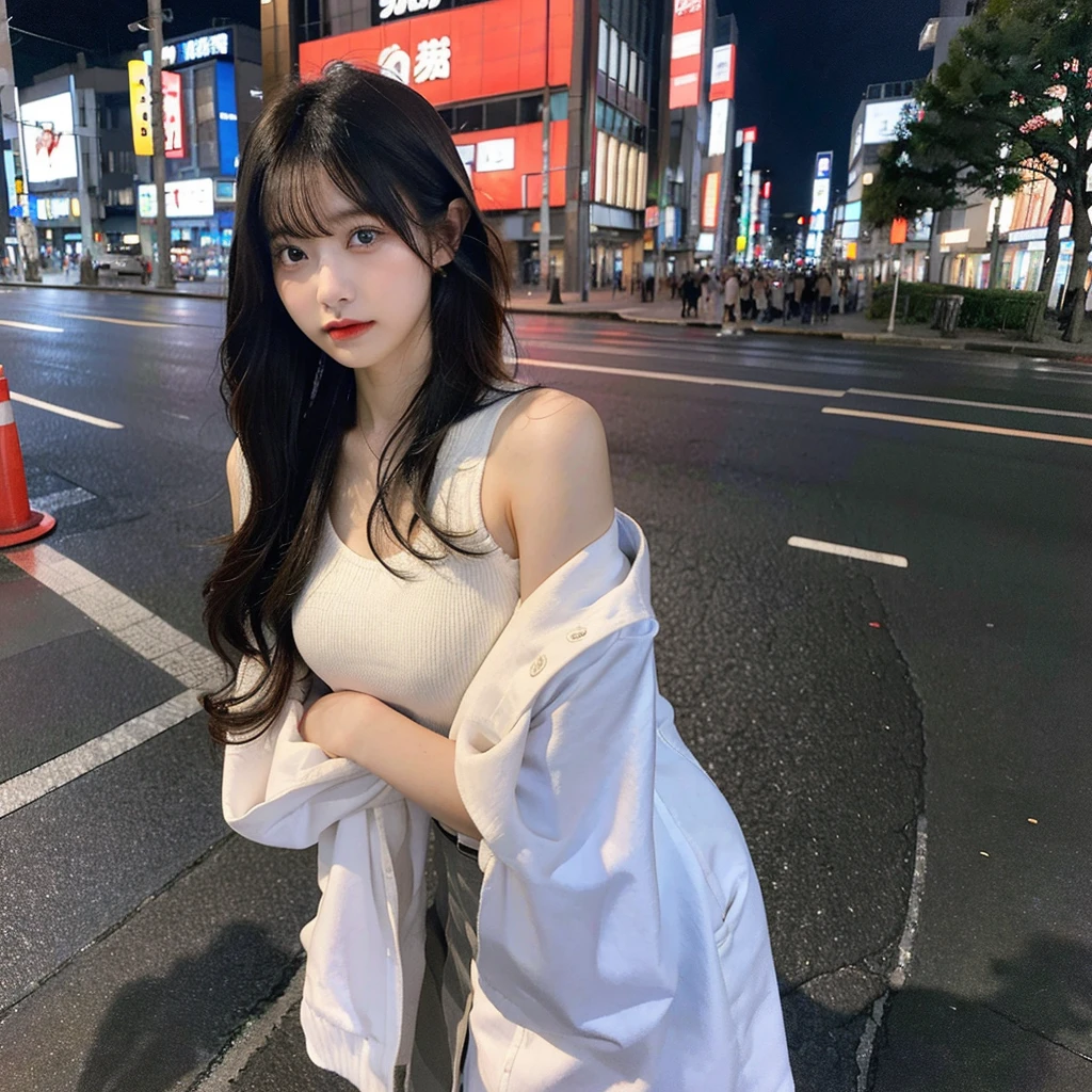 1girl,21 years old, Tokyo street,night,upper body,plumb body ,perfect body , 8k, RAW photo, best quality, masterpiece,realistic, photo-realistic,