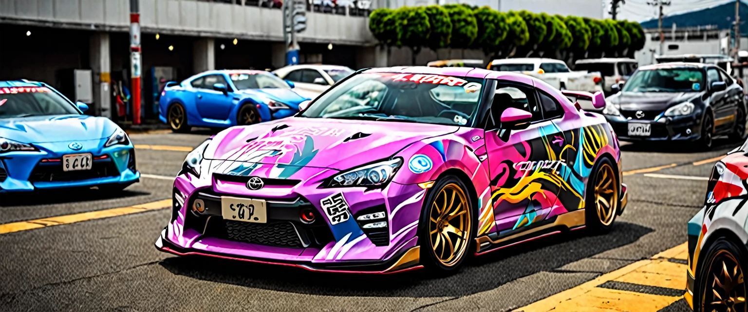 2台のスポーツカーがdriftをしている、Toyota 86、nissan GTR、The hood has an anime girl printed on it、Car wrapping、drift、battle、Dead Heat、Passage、Speed