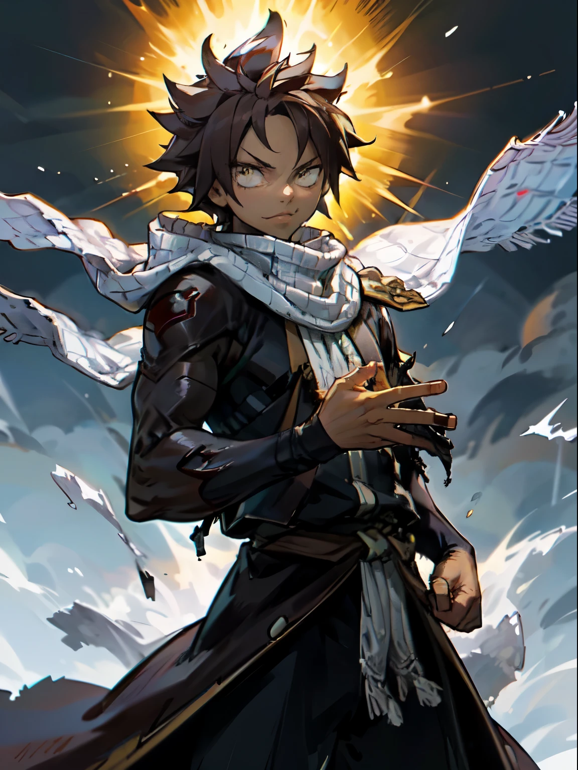 masterpiece, High resolution, high quality, Dark Skinned , male, A little buff, Medium dark brown hair, Big Innocent Eyes, Wearing a black bodysuit, 6 long white torn scarves, White hooded cloak, Big black gauntlets, Dramatic show, Intensive, nice, Amazing guy, close