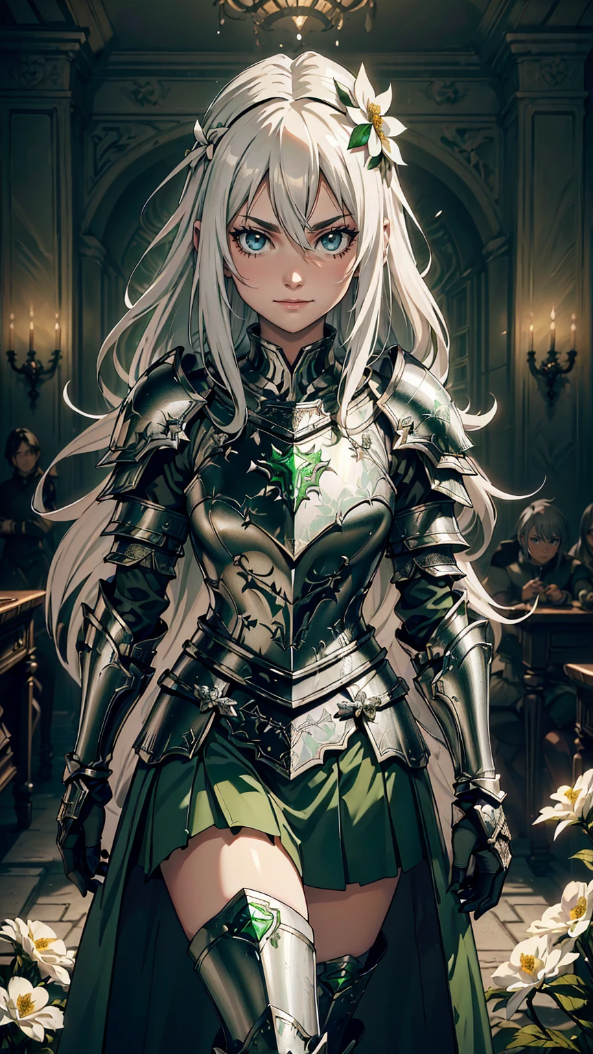最high quality、Ultra High Definition, Ultra High Quality, Hyper Definition, Hyper Quality, Hyper Detailed, Extremely Detailed, Perfectly Detailed, Best image quality、masterpiece、woman((20-year-old、 Noble Armor, Green glowing eyes, Silver long Hair、Disheveled Hair、Long White Hair、thin, Glove、Green Skirt, Smirk、Hair White Flower Barrette、Armored With Full Coverage Noble Plate Armor, Leg Armor,)),high quality、Beautiful art、background((Inside the mansion))、Written boundary depth、movie、Visual Arts、Perfect art、8K,Genuine、