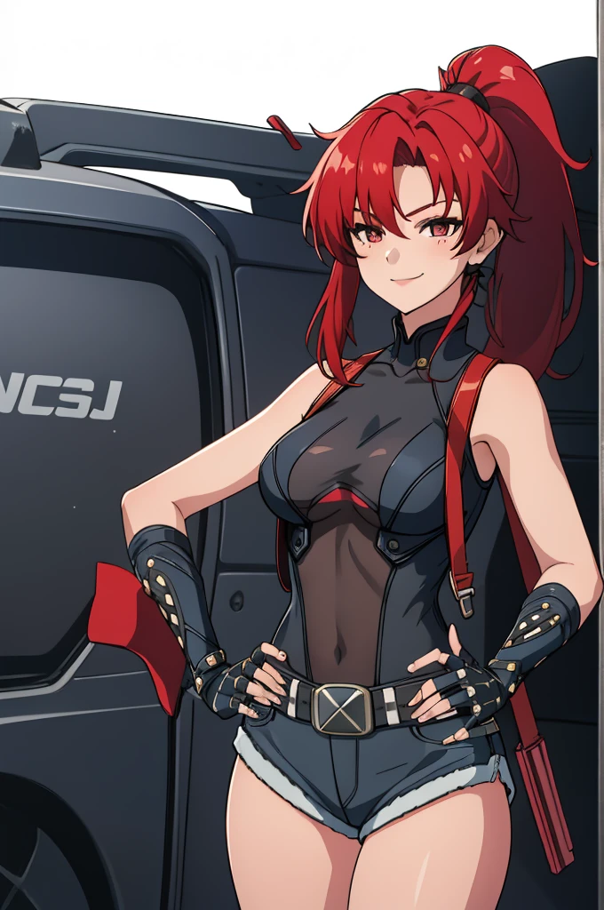 1girl, cute, sexy, red hair, cowboy shot, solo, revy, evil smile, holding gun, handgun, pistol, ponytail, tank top, fingerless gloves, denim shorts, holster, belt, newest