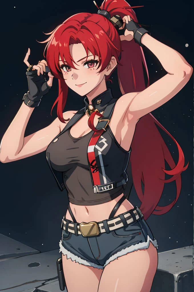 1girl, cute, sexy, red hair, cowboy shot, solo, revy, evil smile, holding gun, handgun, pistol, ponytail, tank top, fingerless gloves, denim shorts, holster, belt, newest